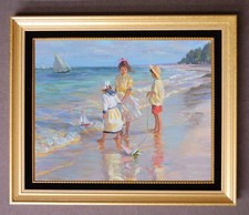 Hand Painted Oil Painting art Impressionist seaside Small girl on canvas 24