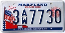 2010-2016 Maryland WAR OF 1812 License Plate AMERICAN FLAG (RANDOM PLATE#) picture
