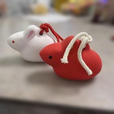 Nagata Shrine Rabbit Clay Bell Pair Red & White Incense Diffuser Ceramics picture