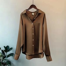 Women’s Satin Silk Button Up Shirt Vintage Long Sleeve Loose White Blouse picture