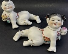 VTG Chinese Porcelain Piano Babies Boy Girl Pair Hand Painted Famille Rose Gilt picture