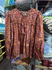 New Oddi 1X Boho Rust Floral Tie-Neck Peasant Blouse picture
