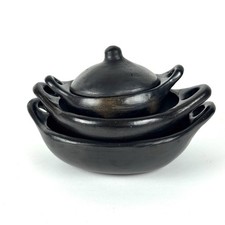 VTG La Chamba Black Clay Casserole Bowls Nesting Set Of 3 With Spoon And Lid picture