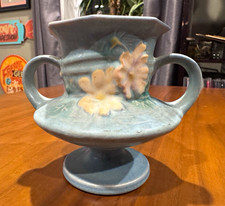 Roseville Pottery Double Handle Blue Cosmos Vase 1930s Vintage Rare picture