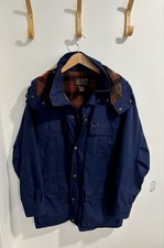 Vintage 90s Eddie Bauer Blue Plaid Wool Lined Hooded Mountain Parka Medium Navy picture