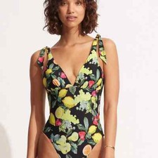 Seafolly Eco Lemoncello V-Neck Black One-Piece L33249 Womens Size US 12 picture