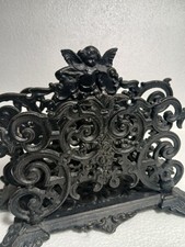 Vtg Antique Black Cast Iron Napkin Letter Holder Angel Cherub Ornate Iron Art picture