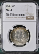 1948 P Mint State Franklin Half Dollar With Toning Graded NGC MS-64 picture