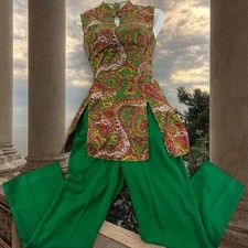 Vtg Gregg Draddy 70s Psychedelic Paisley 2PC Pantsuit Mod Mandarin Collar Sz 8 picture