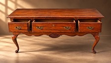 Oak Buffet Table Brown Medium Tone, 3 Drawers, Bail Pull Handles, Storage picture