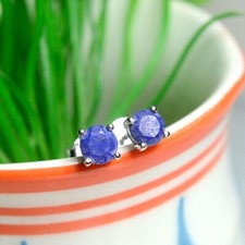 Genuine Lapis Lazuli Round Stone 925 Solid Silver Women Handmade Stud Earrings picture
