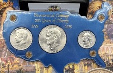 1776-1976 U.S. Bicentennial Silver BU 3-Coin Set in a Vintage US Map Holder picture