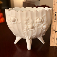RARE - Vintage Fenton Cabbage Rose Oval Milk Glass Footed Bowl / Vase, Beautiful picture