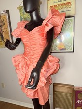 Vintage 80s ZUM ZUM Coral Pink Ruffle Prom Dress 5/6 Ruched Puff Sleeve USA picture