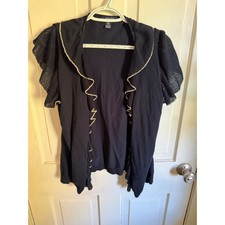 Chaps Womens XL Navy Blue Ruffle Open Front Cardigan Gold Trim Short Sleeve picture
