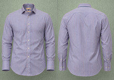 Thomas Pink Dress Shirt Mens 18.5 37.5 Pink Blue Striped Long Sleeve French Cuff picture