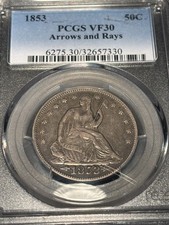 1853 Seated Liberty Half Dollar 50C Arrows & Rays PCGS VF30 Silver .900 picture