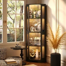 65“ Tall Corner Display Cabinet Curio Cabinet with Glass Doors & 3-Color Lights picture