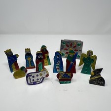 Vintage Mexican Folk Art Tin Nativity Set 11 Figures plus Tin picture