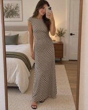 H&M Women’s Size S Black & Cream Striped Maxi Dress Ruched Side NWOT picture