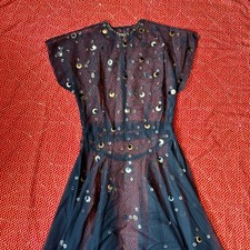 Antique 1940s Dacron art deco sequin sheer black maxi length dress picture