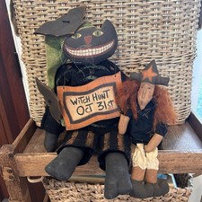 Vintage Primitive Halloween OOAK Handmade Witch Hunt Black Cat Dolls  Folk Art picture