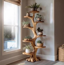 Tree Shaped Wooden Shelf, Natural Wood Tree Bookshelf and Plant Stand, Unique Na picture