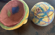 2 Vintage Handmade THICK WOOL FELTED YELLOW/GREEN/ORANGE ART BOWLS/EUC picture