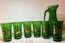 Vintage Italian Green Glass Jug & 6 Glasses Gold Floral Retro Barware Set picture