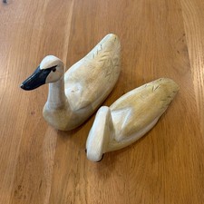 Vintage Style Hand Carved Distressed Wooden Swan Decoy Figurines Set of 2 picture