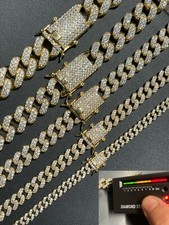Miami Cuban Link Chain Iced MOISSANITE 14k Gold Plated Solid 925 Silver Necklace picture
