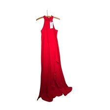 MEROKEETY Womens Red Halter Neck Ruffle Front Maxi Dress Formal Gown Size M NEW picture
