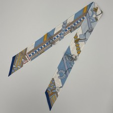 Hermes Brides et Gris-Gris Twilly Blue Jean White Miel Silk Scarf picture