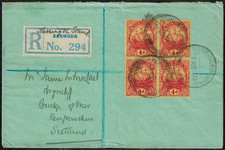 Bermuda 1927 Registered Cover w/ 4d Ship Block of 4 & Handwritten Registration picture