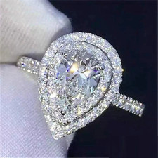 3 CT VVS1 Pear Cut Moissanite Double Halo Engagement Ring Solid 14K White Gold picture