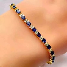 7Ct Oval Cut Lab-Created Blue Sapphire Tennis Bracelet 14K Yellow Gold Plated picture