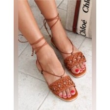 Tory Burch Basket-Weave Leather Lace-Up Espadrille Sandals Tan Size 9 picture