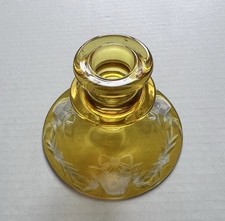 Antique Bohemian Amber Yellow Glass Etched Candlestick Holder picture