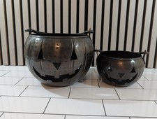 Halloween Jack O Lantern Hammered Metal With Handles set of 2 picture
