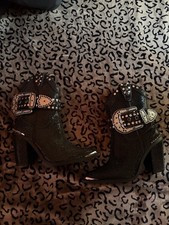Dolls Kill Women’s Black Studded Buckle Pointed Toe Ankle Bootie Zip 7 picture