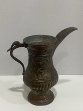Antique 19thC Persian Qajar Tinned Copper Ewer Pitcher Engraved Folk Scene 8” picture