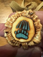 Vintage Deer Antler Pendant Inlaid With Turquoise Bear Paw picture