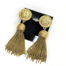 1980s Givenchy Logo Tassel Clip On Earrings Multi-Chain Fringe Signed Vintage picture