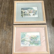 Dawna Barton Framed Prints Set of 2 1995 Cat Garden Cottage Floral Wall Art picture