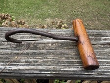 Antique Primitive Hand-Forged Iron Barn Baling Hay Hook With Wooden T-Handle picture