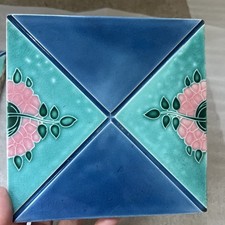 Antique DK Made in Japan Majolica Fireplace Tiles Pair Art Nouveau 6x6 Rare picture