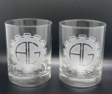 Custom Made Pair of 10 oz AG monogram with Gear Etched Old Fashion/Rocks Glasses picture