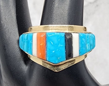 Stunning Jim Bedah Navajo 14k Yellow Gold Turquoise Cobblestone Ring Size 9 picture