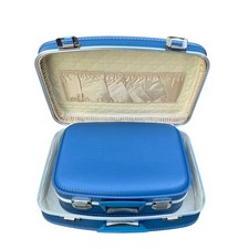 Vintage 5 Piece Nesting Luggage Set Blue Hard Shell Suitcase Train Case Unused picture