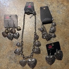 New Paparazzi Silver Filigree Heart Necklace, Bracelet, 3 Pair Earrings picture